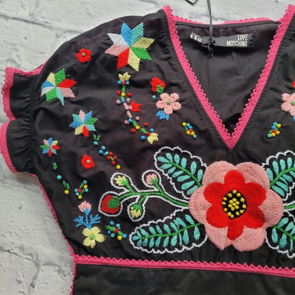 NWT Love Moschino Boho Embroidered Beaded Floral Black Dress Puff Sleeves size 6 - Picture 9 of 16